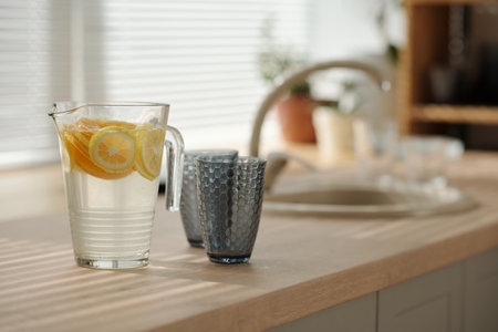 Transparent jug with cool refreshing homemade lemonade and two glasses standing on counter against...