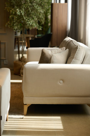 Side view of soft comfortable couch of delicate beige color with cushions standing in front of camera by window of spacious living roomの写真素材