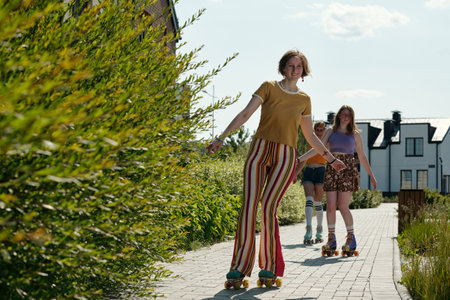 Young woman in casualwear moving along road on roller skates while spending leisure with two friends in urban environment on summer dayの写真素材