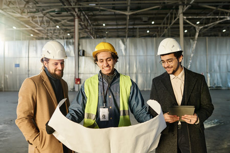 Group of happy young architects in protective helmets looking at sketch of construction or building...