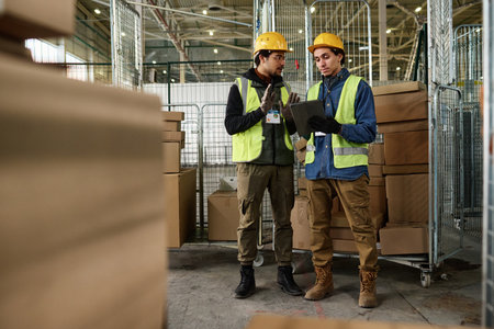 Young confident enginner in protective hardhat and reflective vest explaining something to colleague...