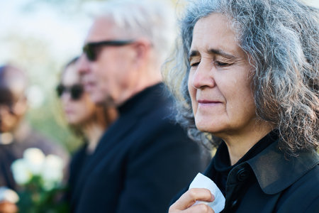 Mature crying woman with tears on her cheek lamenting her relative, family member or friend at funeral service against other peopleの写真素材