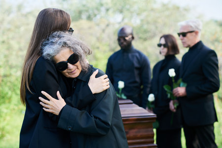 Young grieving woman giving hug to her mourning mother in sunglasses crying on her shoulder while standing against coffin and group of peopleの写真素材