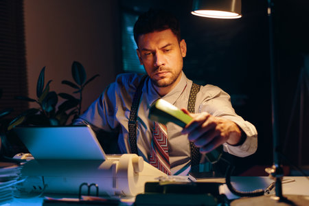 Young serious businessman with phone receiver in hand sitting by workplace in dark office lit by table lamps and working overtimeの写真素材