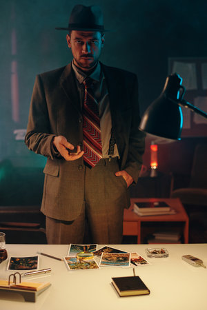 Young elegant man in old-fashioned suit and hat looking at camera while standing by table with set of photos and notepad in dark officeの写真素材