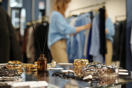 Display with bracelets and other jewelry and small diffuser with aroma sticks against female consumer choosing new attire in boutiqueの写真素材