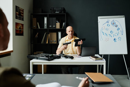 Confident mature male coach comparing two guns at lesson of military training and describing their characteristics to studentsの写真素材
