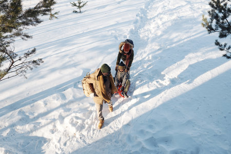 High angle of young intercultural husband and wife riding their son on sledge while moving along...