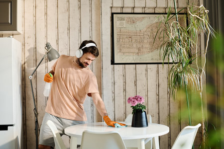 Young man in headphones, casualwear and rubber gloves wiping kitchen table and spraying detergent...
