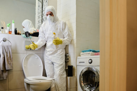 Young man in protective gloves, mask and hazmat suit cleaning toilet bowl with detergent and brush while carrying out domestic choresの写真素材