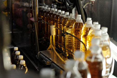 Packed plastic bottles with carbonated lemonade moving along automated robotic assembly line at bottled water plant or factoryの写真素材
