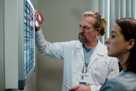 Mature doctor in labcoat and his assistant looking at brain scan and learning results of medical examination of patient with diseaseの写真素材
