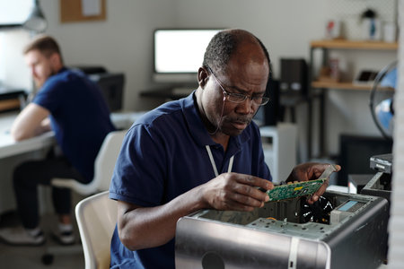 Experienced African American repairman in eyeglasses looking at computer motherboard and identifying...