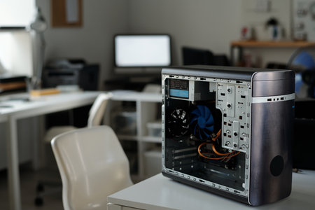 Disassembled computer processor standing on workplace of professional technician with chair against...