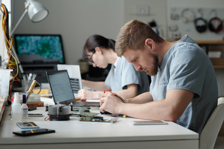 Professional young technician bending over desk while repairing or checking detail of computer motherboard against female colleagueの写真素材