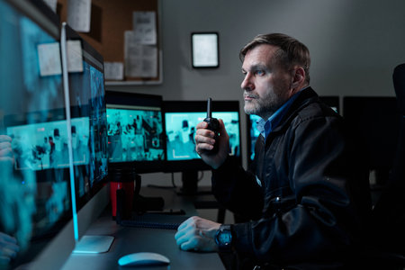 Serious mature man with walkie-talkie in hand looking at computer screen while observing rooms of...