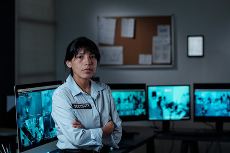 Serious female security guard with her arms crossed by chest standing in front of camera in...