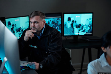 Mature male security guard concentrating on watching cctv video on computer screen while sitting by...