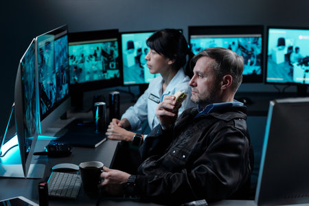 Side view of serious mature male security guard with sandwich and cup of coffee in hands watching...