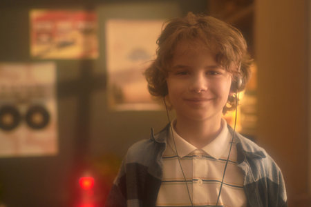 Portrait of young boy wearing headphones and smiling, standing in cozy room with posters on walls, showing happy expressionの写真素材