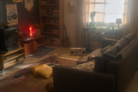 Interior of cozy living room with vintage decor, including TV, record player, boombox, guitar, bookshelf, and sunlight streaming through windowの写真素材