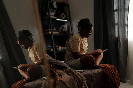 Young sad woman sitting on bed in home environment at night and looking at picture of her ex husband or family member who diedの写真素材