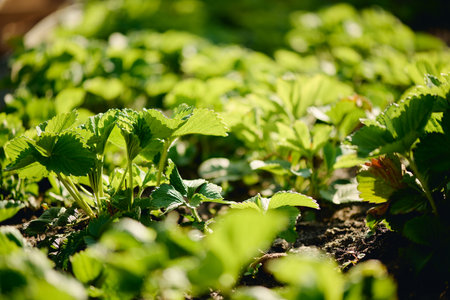 Strawberry seedlings with green leaves growing on large sunlit flowerbed in front of camera in modern garden center or farming homesteadの写真素材