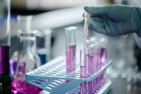 Hand of gloved laboratory worker with pipette dropping transparent liquid into flask with purple...