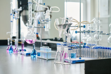 Two empty beakers standing next to glassware equipment for chemical experiments on workplace of...