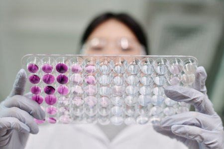 Gloved hands of female scientist or laboratory worker holding glassware with samples of purple and...
