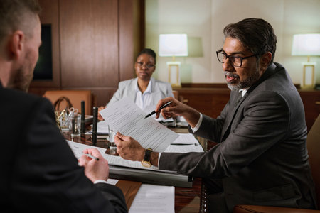 Mature male boss or chief executive officer with paper document in hands looking at younger...