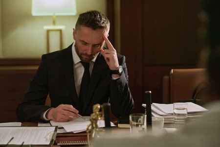 Serious businessman in formalwear concentrating on reading text of business contract while sitting by table in boardroom or officeの写真素材
