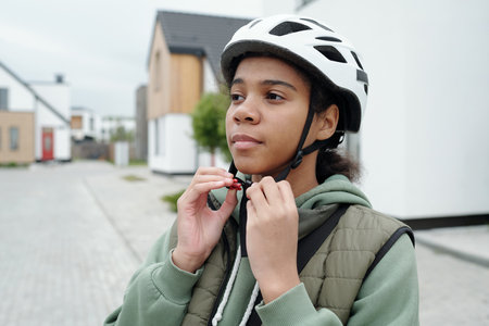Cute African American teenage girl putting on protective helmet and fastening it under neck while preparing for delivery of postの写真素材