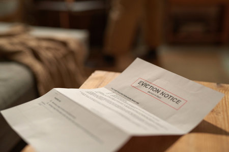 Eviction notice placed on wooden desk in living space setting. Soft focus background provides context of the surrounding environmentの写真素材