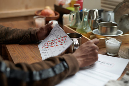 Person reviewing set of past due bills at a table with various household items, showing concern and...