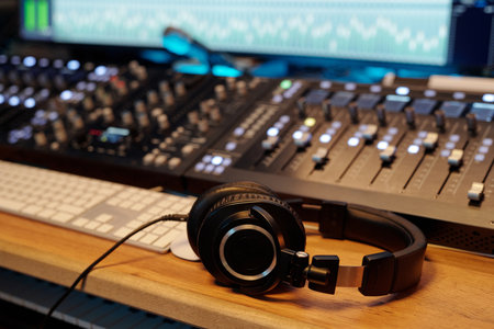Professional recording studio setup featuring mixing console, headphones, computer keyboard on...