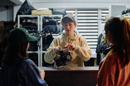 Young man demonstrating camera usage to peers in workshop setting, engaging in learning process....