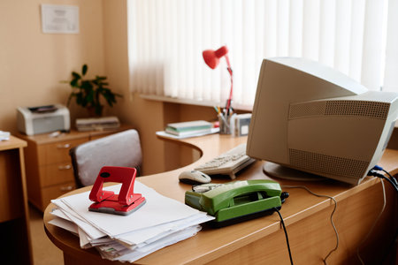 Traditional office desk with neatly organized supplies, featuring an old-fashioned green telephone, red stapler, and classic computer monitor, creating nostalgic vibeの写真素材