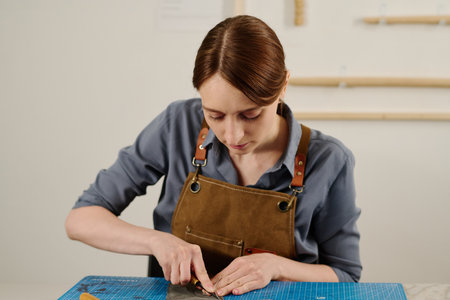Young brunette craftswoman in workwear bending over workplace in studio of design and cutting out...