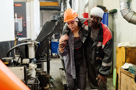Hispanic female worker assisting injured African American male colleague in factory setting wearing...