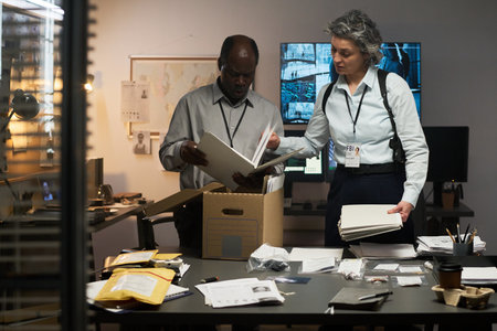 Two professionals analyzing documents while standing in office filled with documents and devices....