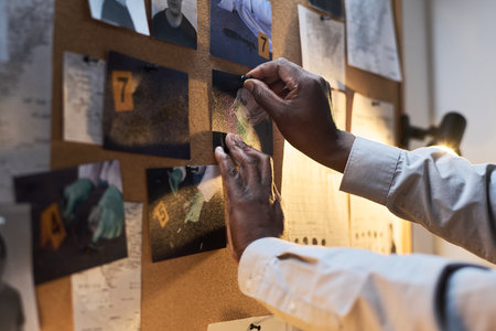 Hands pinning photos and notes on bulletin board in dimly lit room, with various pieces of evidence related to crime scene under investigationの写真素材