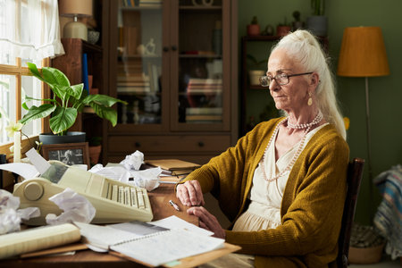 Portrait of senior woman sitting at desk, working on typing machine, surrounded by books and papers...