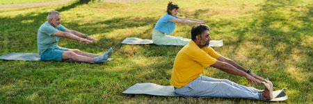 Banner of active elderly intercultural men and woman doing stretching exercise on green lawn on...