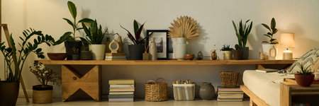 Header of wooden bench with domestic plants, vases and other stuff standing by wall of living room in modern apartmentの写真素材