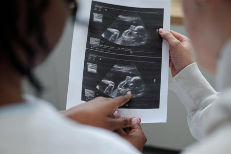 Healthcare professional holding and showing ultrasound images during prenatal checkup illustrating baby development and monitoring health progress without any medical apparatus in viewの写真素材