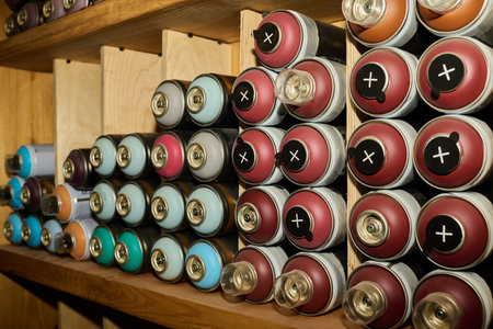 Part of long wooden shelf with several square cells containing stacks of unopened cans with graffiti...