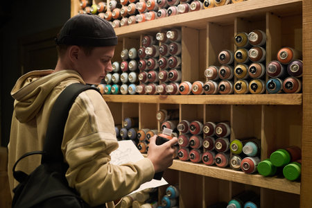 Young creative graffiti artist choosing new paints while standing by display and looking at can of black color in shopの写真素材