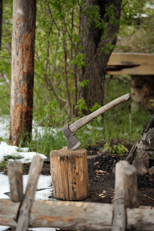 Wooden-handled axe embedded in weathered tree stump surrounded by rustic wooden fence with patches...