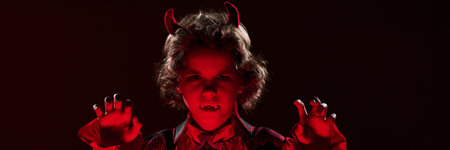 Banner of little vampire with horns and fangs standing in front of camera in darkness, growling and scowling while looking at youの写真素材